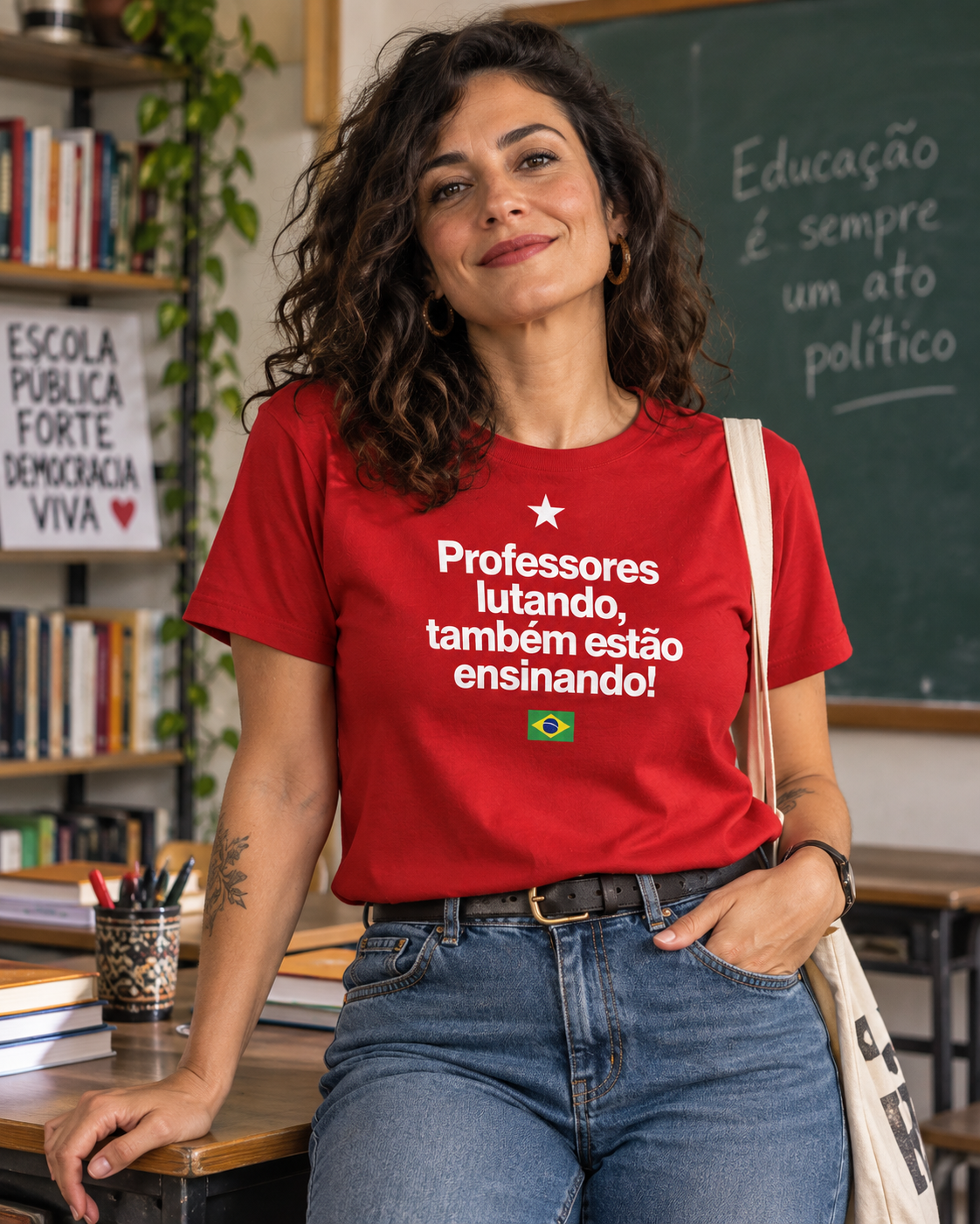 Camisa Professores Lutando, Também Estão Ensinando! — cor Vermelha